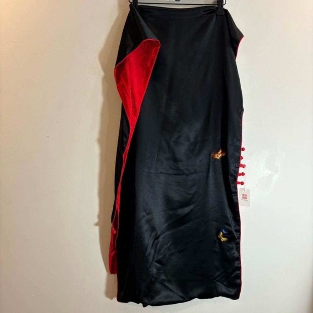Black Satin Dress with Red Trim and Floral Embroidery - Picture 2 of 6